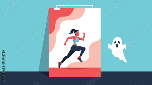 Athletic young woman in sports clothes runs fast inside a framed poster while a white cartoon ghost chases her.