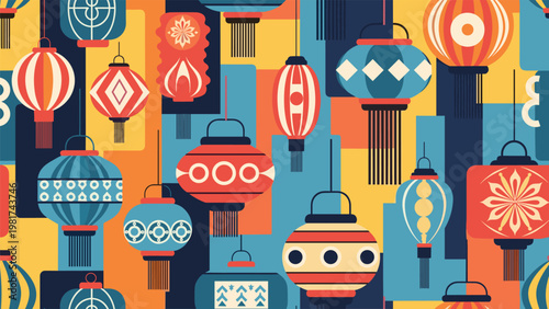 Vibrant seamless pattern featuring a variety of colorful chinese lanterns in different shapes on a geometric background.