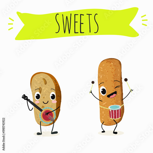 Funny Characters baicoli, camporelli, italy dessert, hand drawn vector illustration.