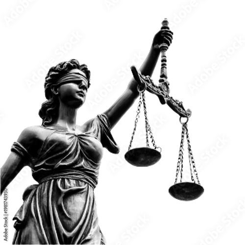 Lady Justice statue with scales, blindfolded Themis symbol in halftone style, concept of law, fairness and legal system isolated on white background.