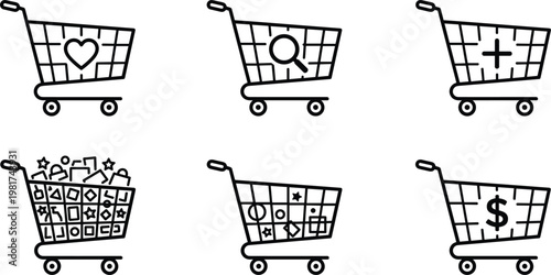 Shopping cart icons set illustration with ecommerce symbols, retail purchase concepts, online shopping elements and consumer behavior minimal line design