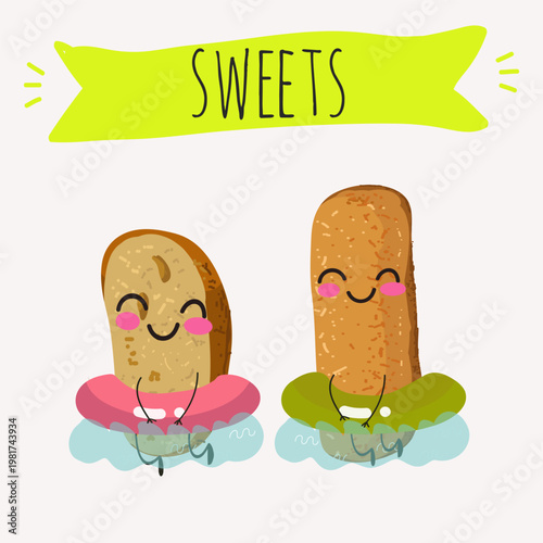 Funny Characters baicoli, camporelli, italy dessert, hand drawn vector illustration.