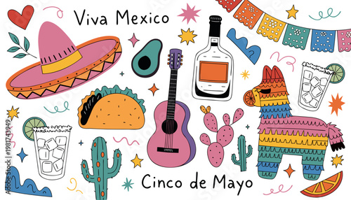 A colorful, cartoon-style collage of Mexican cultural symbols and "Cinco de Mayo" / "Viva Mexico" text. Elements include a sombrero, piñata, taco, margarita, guitar, tequila bottle, various cacti.