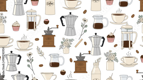 Hand drawn seamless pattern with various coffee makers, cups, jars, flowers, and sweet cupcakes for cafe decoration.