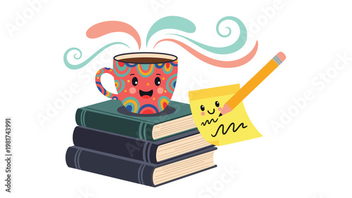 Cute illustration of a happy coffee cup sitting on a stack of books next to a smiling yellow sticky note being written.
