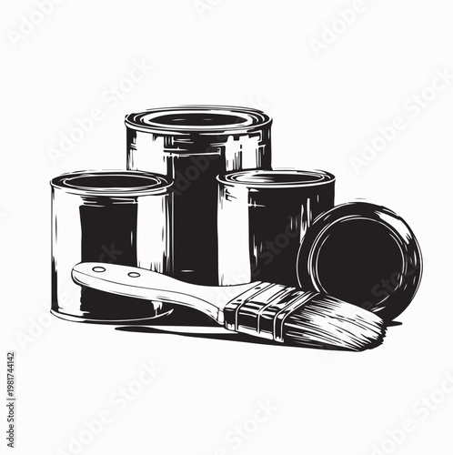 Black Silhouette Of Paint Cans And Painter Brush Isolated On White Background