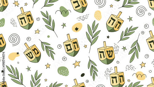 Festive Hanukkah seamless pattern featuring yellow dreidels, green olive branches, and stars on white background.
