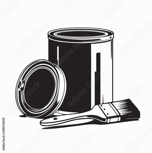 Black Silhouette Of Paint Cans And Painter Brush Isolated On White Background