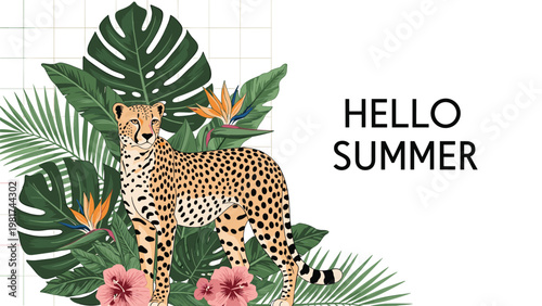 Wild cheetah standing among lush tropical green leaves and pink hibiscus flowers with Hello Summer text.