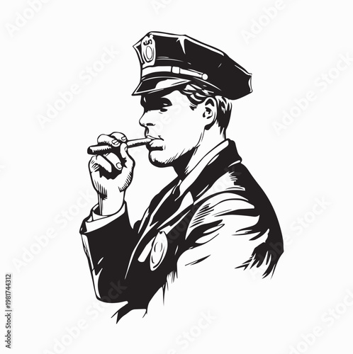 Vintage Policeman In Uniform Smoking Cigar Silhouette Vector