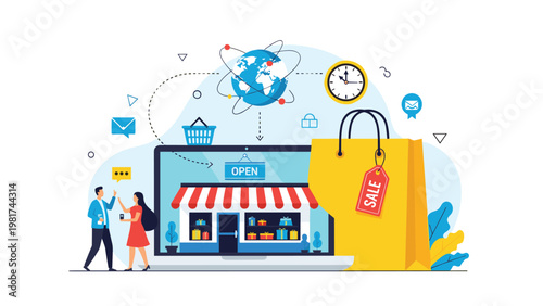 Conceptual illustration for online shopping showing people interacting with a digital store on a laptop screen.