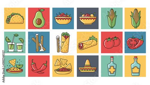 Extensive collection of eighteen colorful icons representing Mexican food and culture on a grid background.