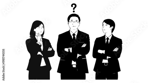 A group of business professionals in suits looking confused with a question mark overhead