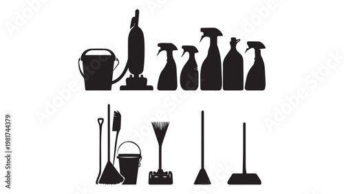 Silhouettes of various cleaning tools and supplies including brooms, buckets, and spray bottles