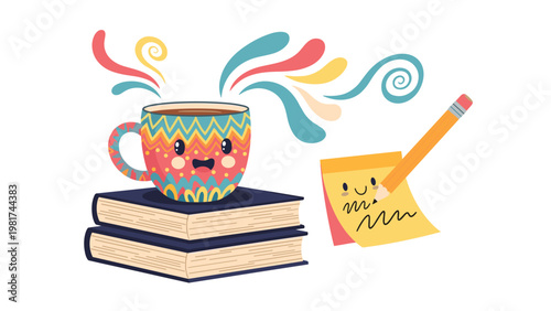Whimsical illustration of a cheerful coffee cup resting on two books next to a smiling yellow notepad and pencil.