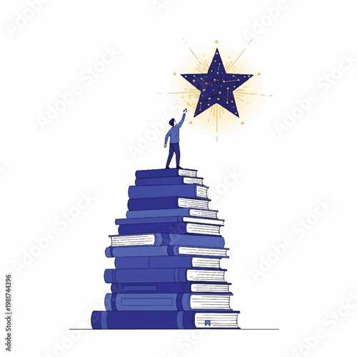 Man reaching for star on top of stacked books in educational setting