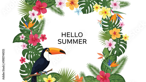 Colorful toucan bird perched on a branch surrounded by a tropical floral frame with green leaves and hibiscus flowers.