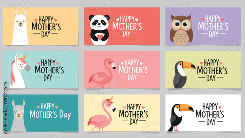 Set of nine cute Mother's Day greeting cards featuring various animals like llama, panda, owl, unicorn, and flamingo.