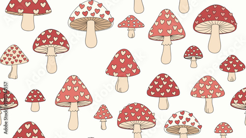 Whimsical seamless pattern showing many red mushrooms decorated with cute white heart patterns on a beige background.