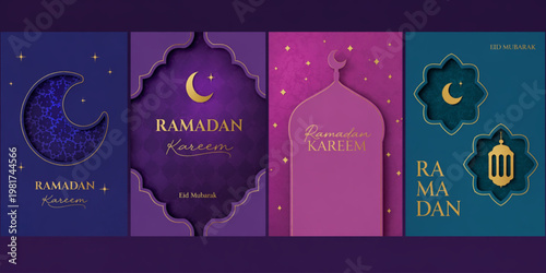 Ramadan Kareem Social Media Stories Template with Paper Layer Effect and Lanterns