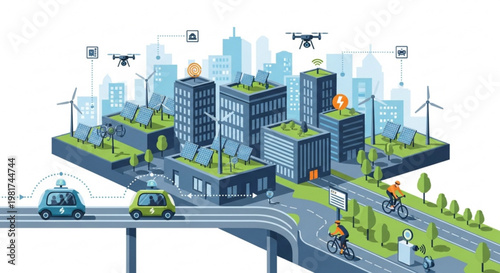 Futuristic cityscape with sustainable transportation and green architecture featuring electric vehicles drones and renewable energy sources