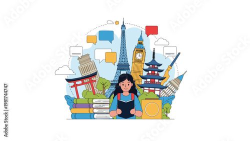 Young girl enjoys reading a book in front of famous world landmarks like the eiffel tower and big ben with colorful speech bubbles.