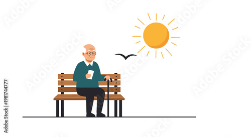 Serene illustration of an elderly man with a cane sitting on a park bench under a bright sun, peacefully enjoying the outdoors while using his phone.