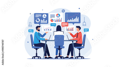 Business team works together during a meeting at a table with laptops while data visualizations and charts appear in speech bubbles.