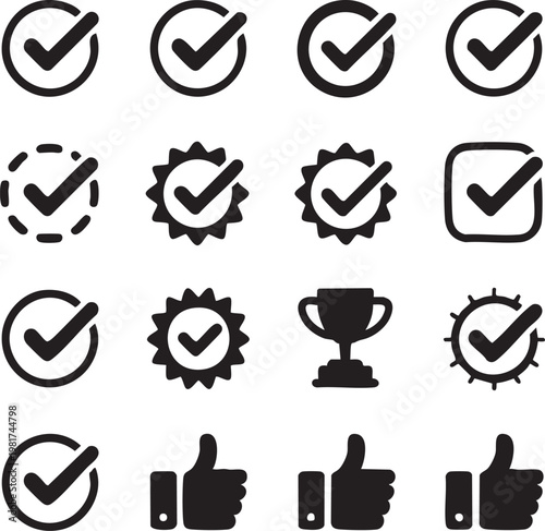 Vector graphic illustration of various checkmark and approval icons in black and white, featuring symbols of success and confirmation.