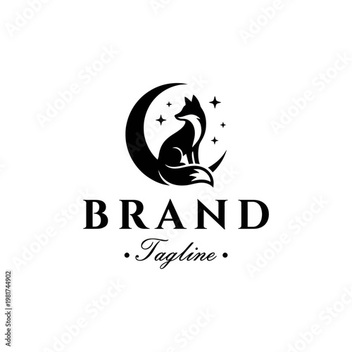 This sleek logo showcases a fox silhouette against a crescent moon and stars, symbolizing mystery, intuition, and the beauty of nature in an elegant artistic format.