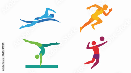 A vibrant and colorful collection of dynamic sports icons representing swimming, running, gymnastics, and volleyball, celebrating athleticism and movement.