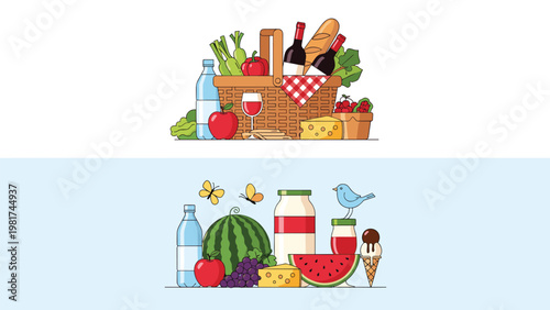 Outdoor picnic illustrations show baskets filled with wine, bread, and fruits alongside watermelon and snacks for a summer day.