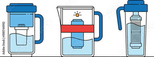 Water filter pitcher set illustration with purification stages, clean drinking system concept and household filtration equipment minimal flat design