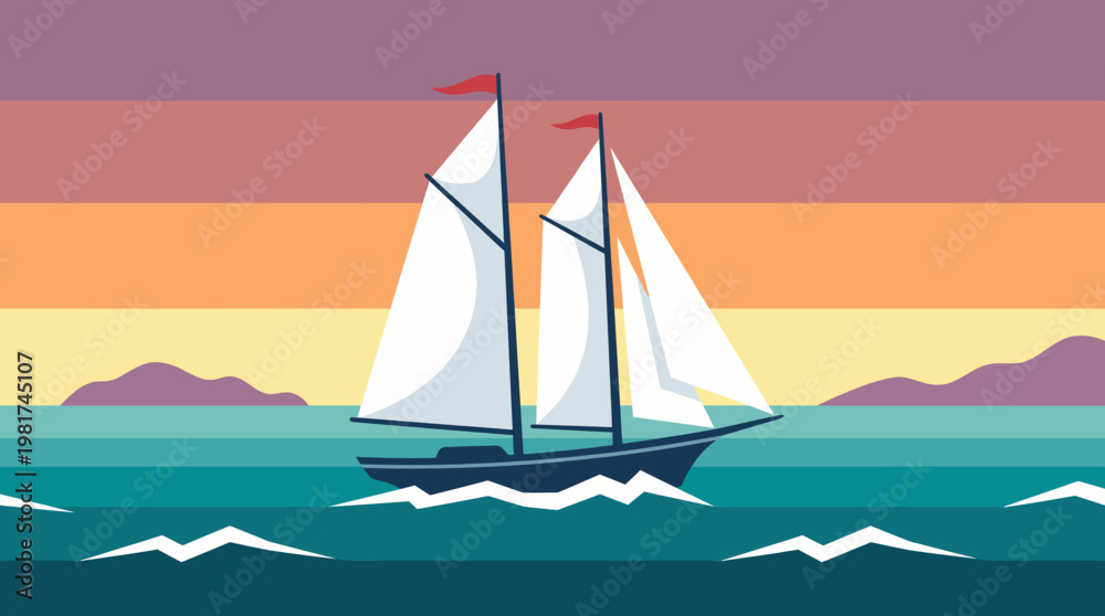 Naklejka premium A serene illustration of a sailboat gliding across tranquil waters set against a pastel sky, evoking feelings of peace, adventure, and nautical exploration.