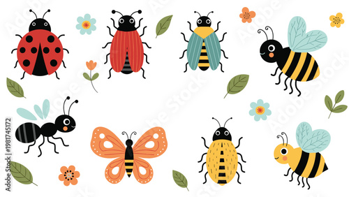 Educational illustration of various garden insects shows a ladybug, honeybee, butterfly, and ant among small flowers and leaves.
