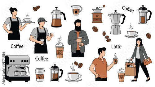 Collection of coffee shop illustrations features baristas, customers, different brewing methods, and various types of coffee drinks.