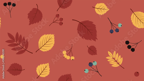 Falling autumn leaves and wild berries create a seasonal seamless pattern in warm shades of red, orange, and yellow on a dark base.