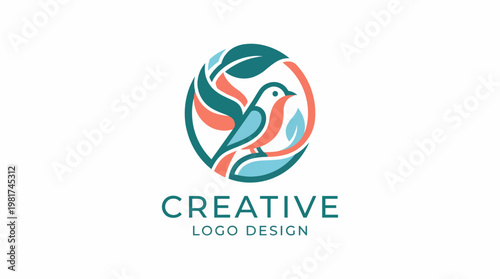This creative logo design showcases a stylized bird embodying freedom and nature, complemented by vibrant leaves, symbolizing creativity and growth.