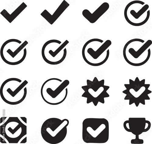 Various checkmark icons in different shapes and designs for approval and confirmation