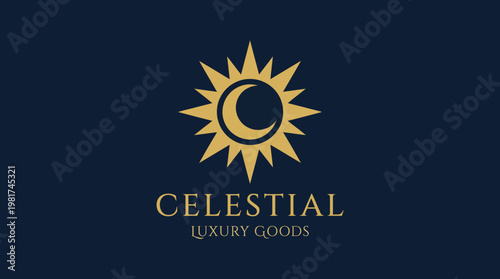 A beautifully designed logo representing 'Celestial Luxury Goods', featuring a sun and crescent moon symbolizing elegance, sophistication, and luxury in branding.