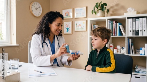 Smiling female pediatrician showing a young boy how to use an asthma inhaler with a spacer in a clinic. Child healthcare, medical consultation, respiratory treatment.