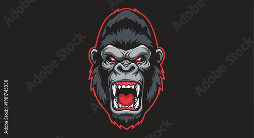 Fotografie Aggressive Gorilla Face Illustration with Open Mouth.