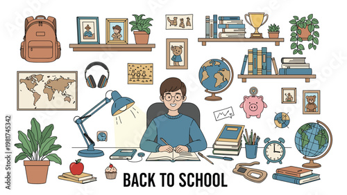 Back to school illustration depicts a male student at his desk surrounded by books, a globe, school supplies, and various icons.