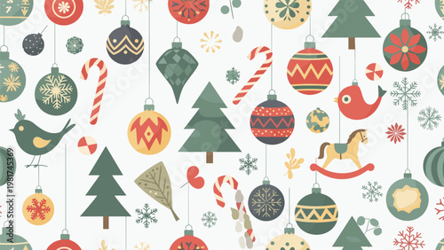 Colorful christmas seamless pattern shows festive ornaments, candy canes, trees, birds, and rocking horses for a nostalgic holiday feel.