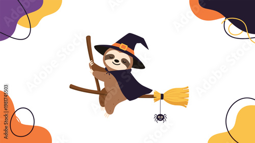 Adorable cartoon sloth dressed as a witch flying on a magic broomstick with a tiny hanging spider for a fun Halloween scene.