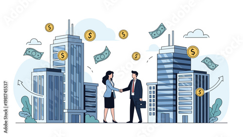 Business handshake between a man and woman in front of city skyscrapers with falling dollar bills and gold coins for success.