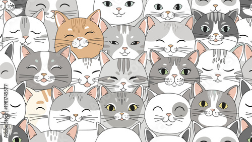 Adorable seamless pattern showing a crowd of various cute cartoon cat faces with different colors, breeds, and expressions.