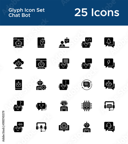 Chatbot and IoT solid icons for digital apps. AI assistant and technology glyph symbols
