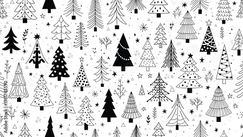 Hand drawn black and white seamless pattern featuring various styled Christmas trees and festive stars for holiday decoration.