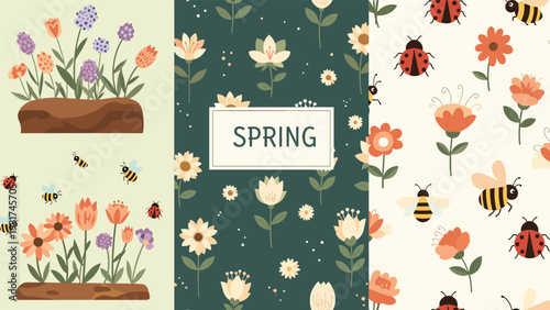 Three-panel spring themed illustration featuring flowers in pots, buzzing honeybees, ladybugs, and beautiful floral patterns.
